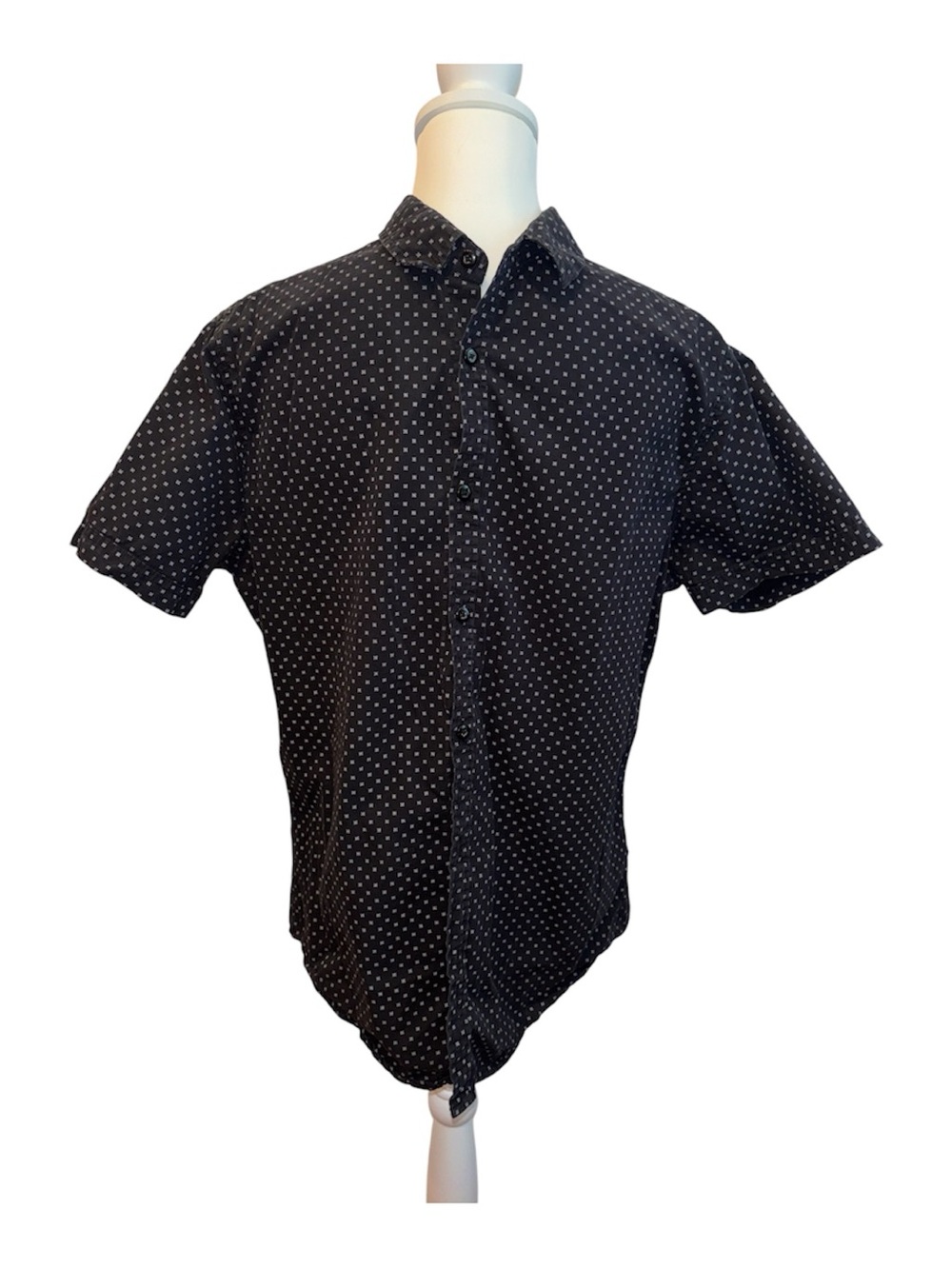Men's Black Short-Sleeve Button-Down Shirt with White Dot Print